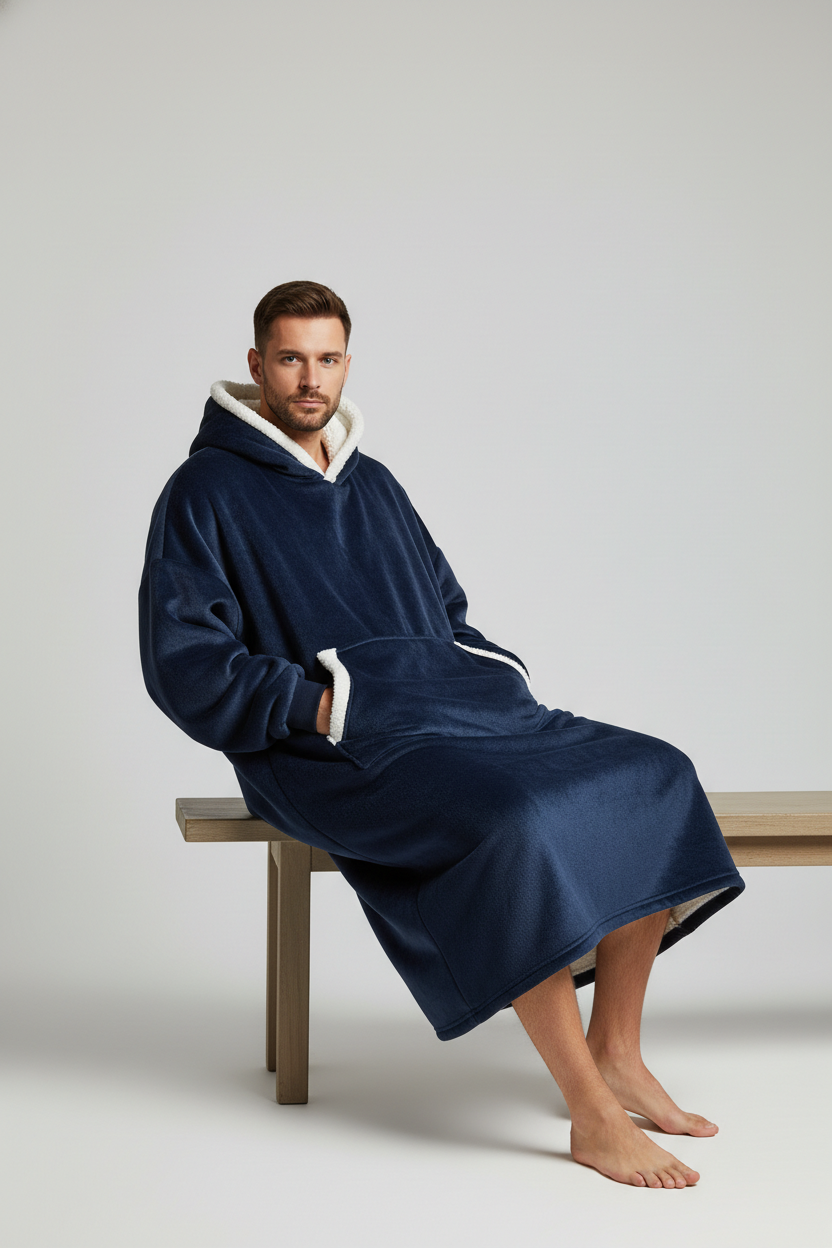 Peignoir homme bleu marine polaire doublure sherpa blanc chaud