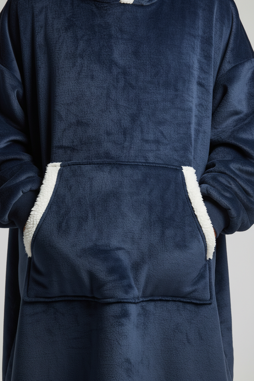Robe de chambre homme navy bleu plush à capuche, poches et poignets sherpa blancs