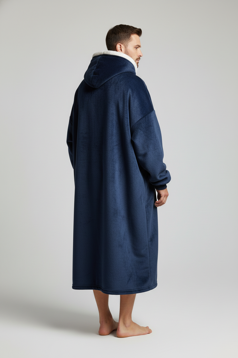 Robe de chambre homme très chaude bleu marine à capuche doublée polaire et col en shearling blanc moelleux