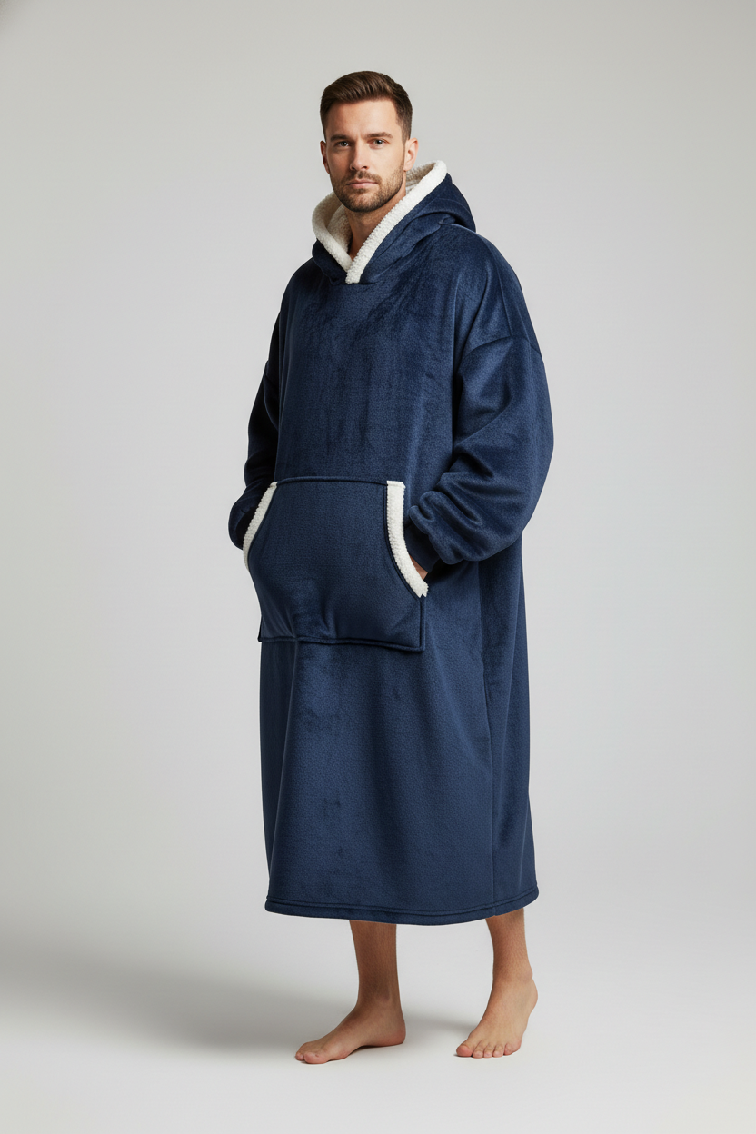 Robe de chambre homme bleu marine chaude à capuche doublée polaire blanche