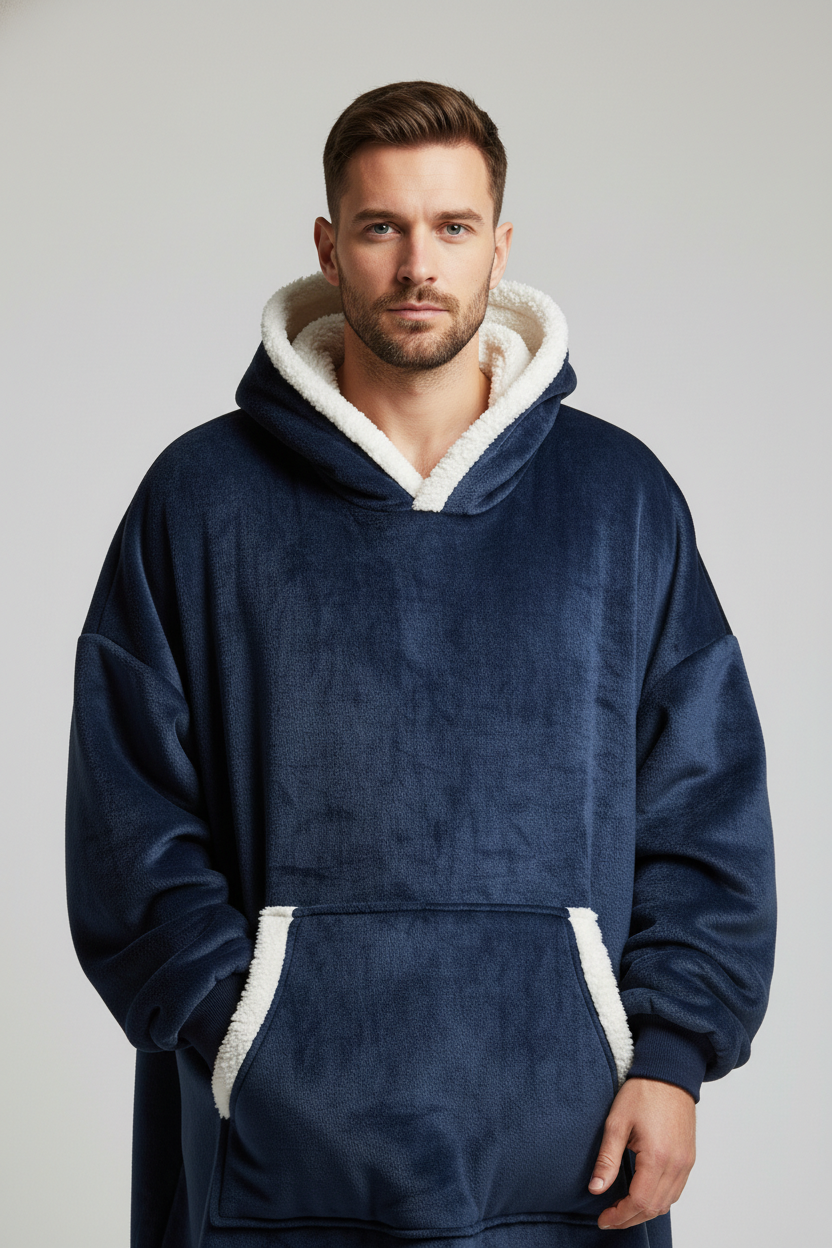 Robe de chambre homme navy bleu plush doublure sherpa blanche