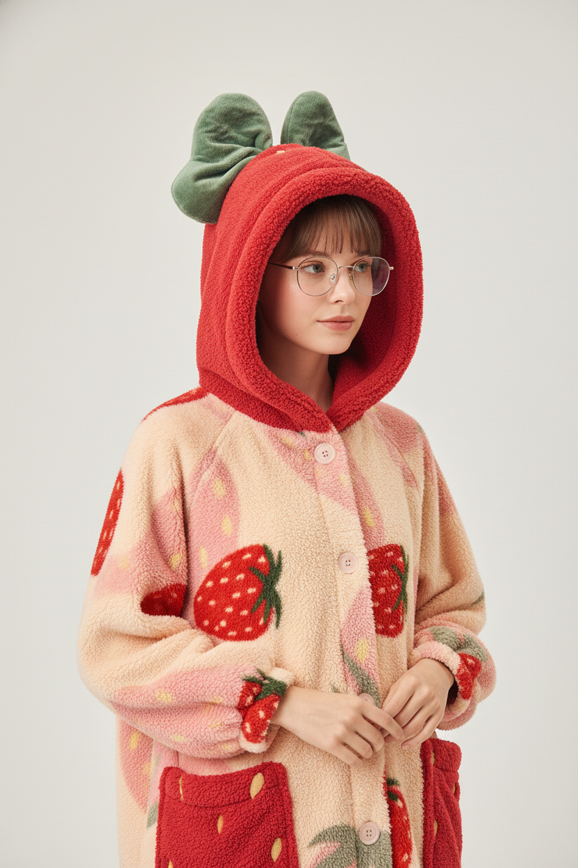 Robe de chambre kawaii fraise polaire femme à capuche rouge et oreilles nœud vert