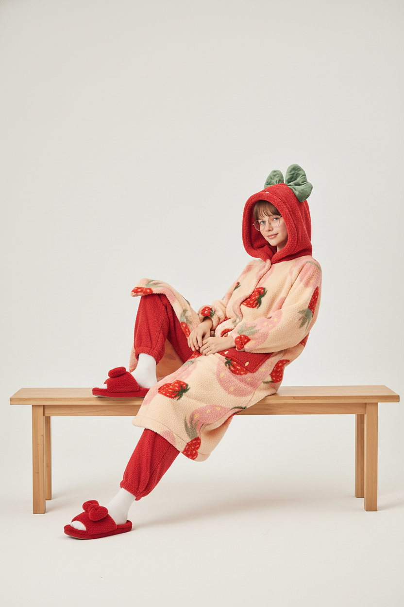 Robe de chambre kawaii boutonnée femme à fraises roses et capuche verte