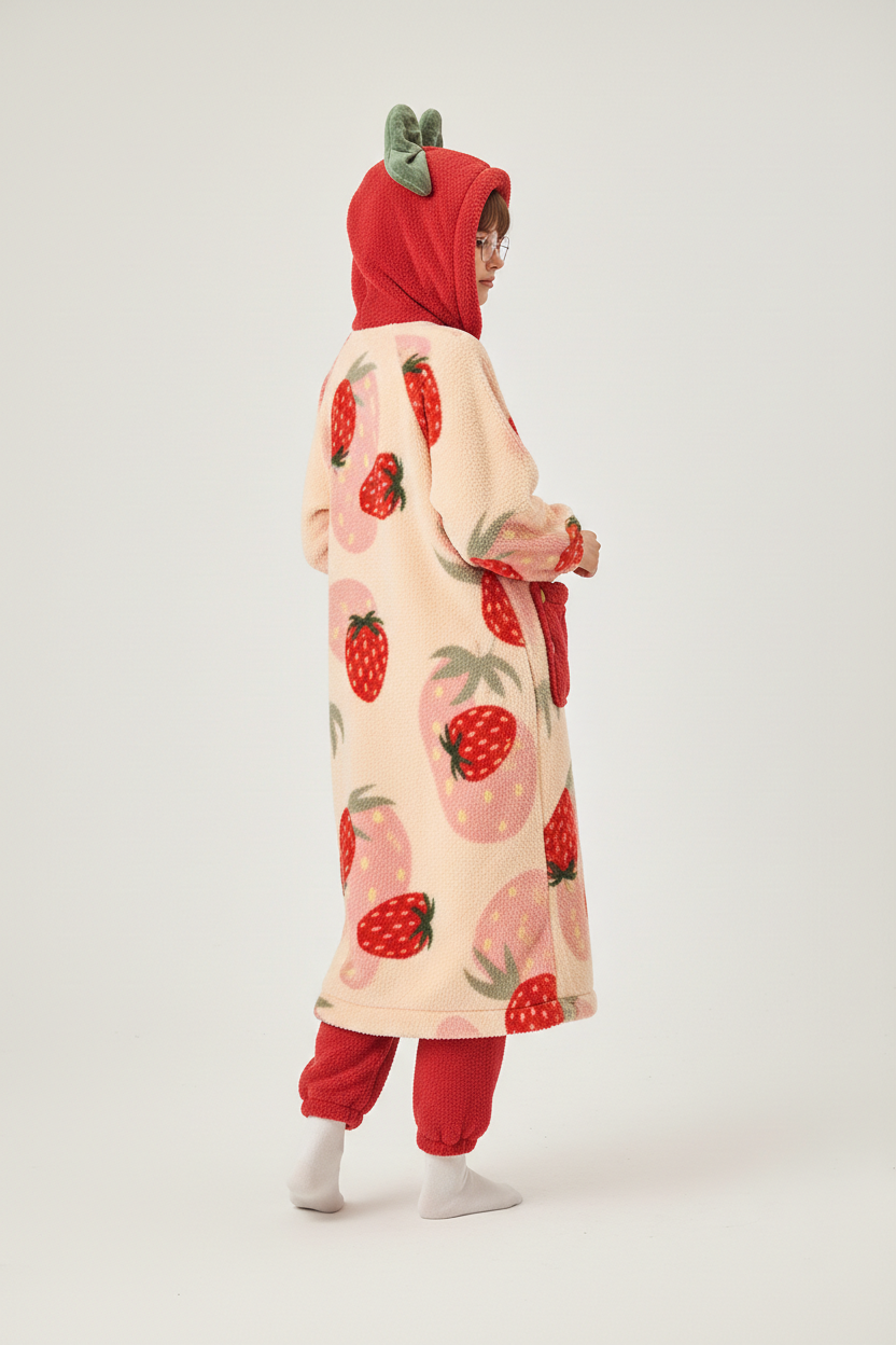 Robe de chambre kawaii femme boutonnée à thème fraise en polaire douillette