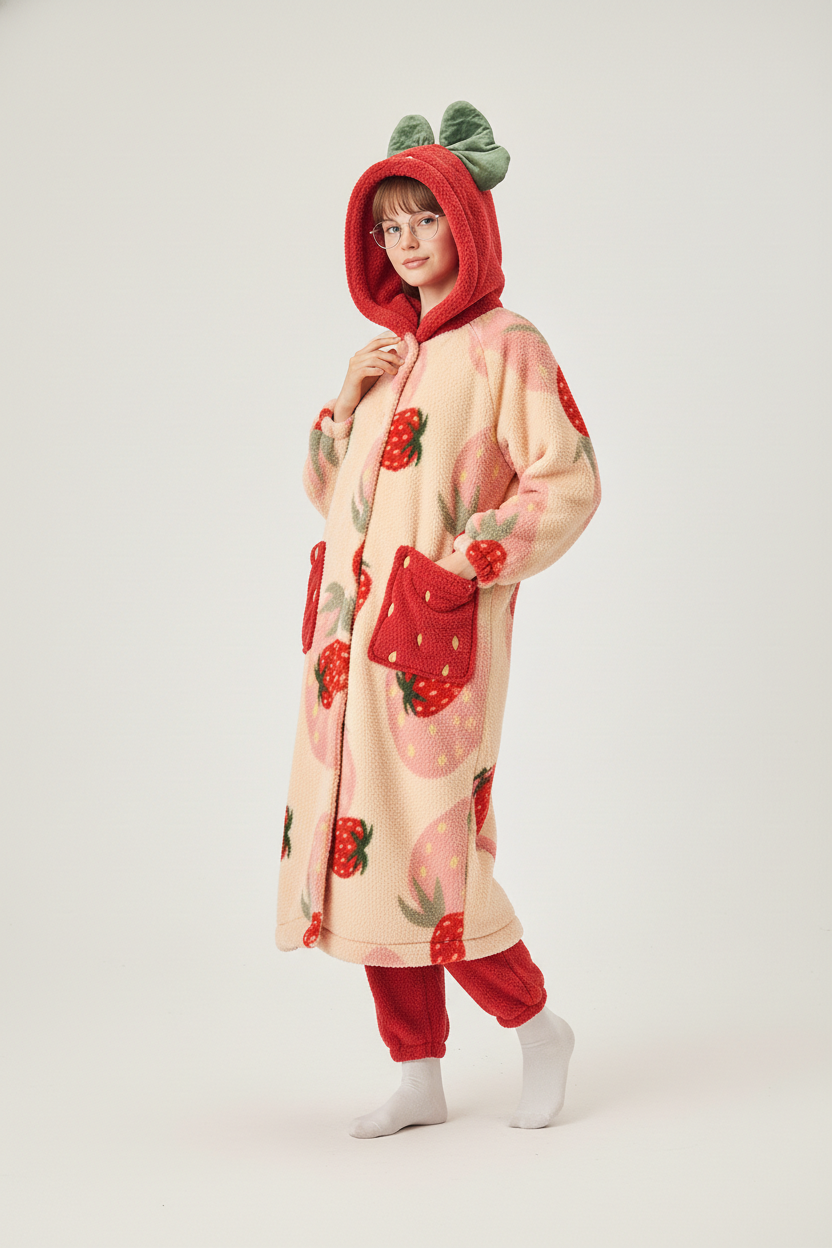 Robe de chambre kawaii boutonnée femme à fraises rouges sur beige doux
