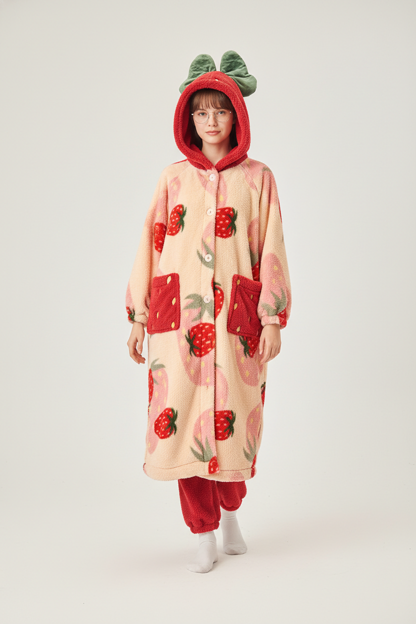 Robe de chambre kawaii boutonnée femme à fraises rouges sur beige