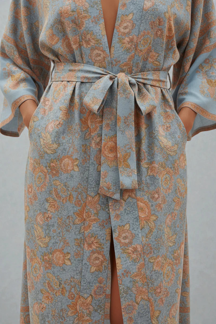 Robe de chambre kimono d’été bleu clair à motifs floraux pêche et or