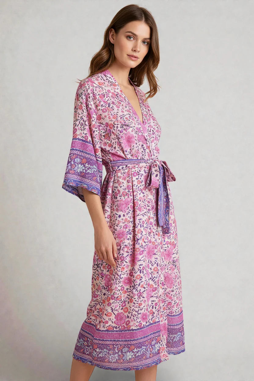Robe kimono été imprimé floral rose violet, encolure V, manches 3/4