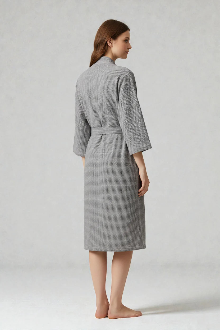 Peignoir kimono en coton gris à tissage gaufré avec ceinture assortie