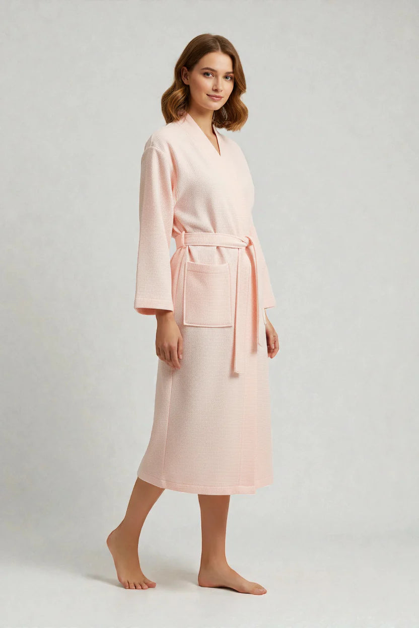 Robe de chambre kimono en coton rose doux à manches longues