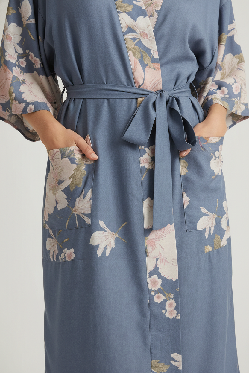 Robe de chambre kimono fleuri bleu doux à fleurs roses et blanches