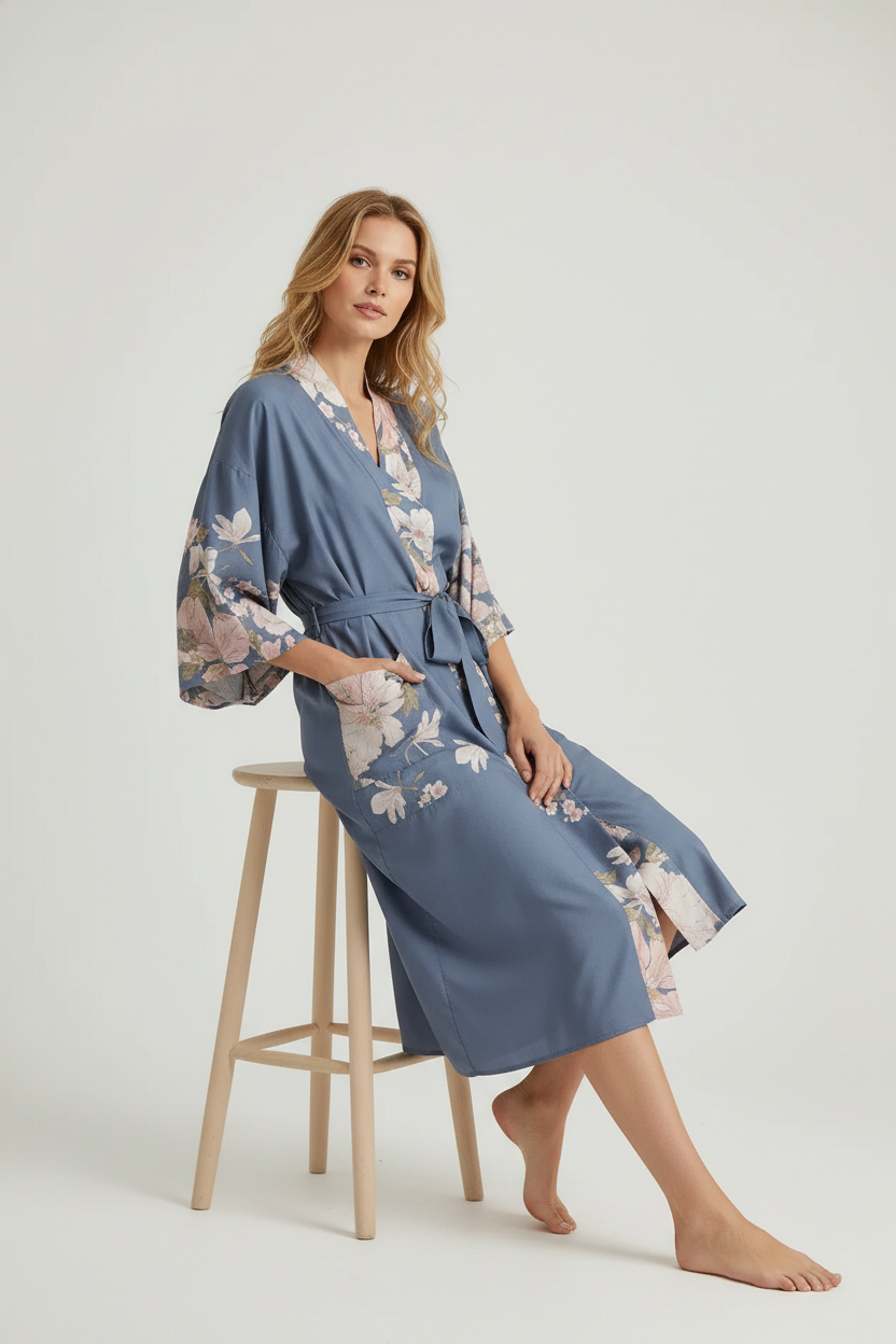 Robe de chambre kimono fleuri bleu doux à fleurs, V, manches 3/4, ceinture