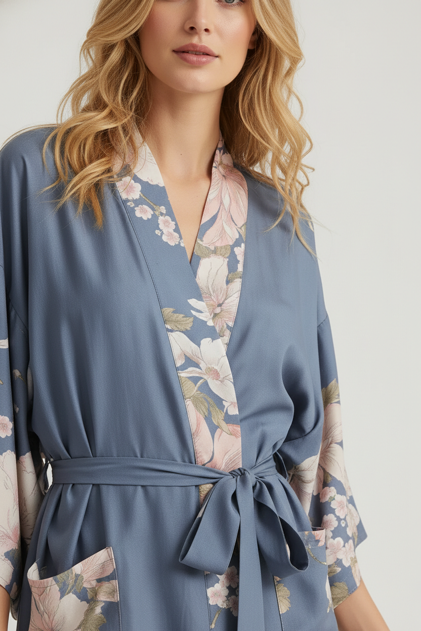 Robe de chambre kimono fleuri en satin bleu à motif floral rose et crème