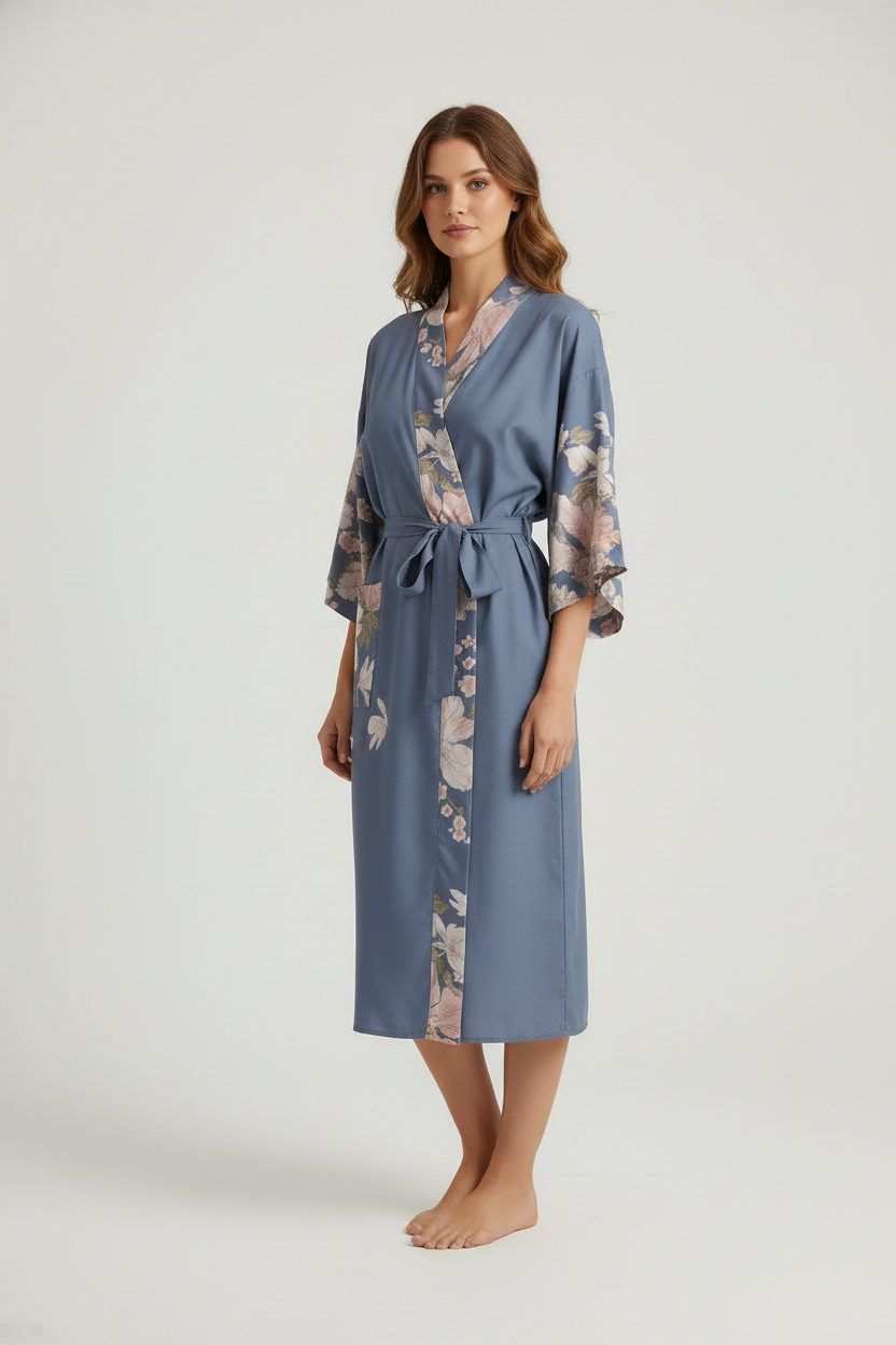 Robe de chambre kimono fleuri en satin bleu avec motifs floraux roses et blancs