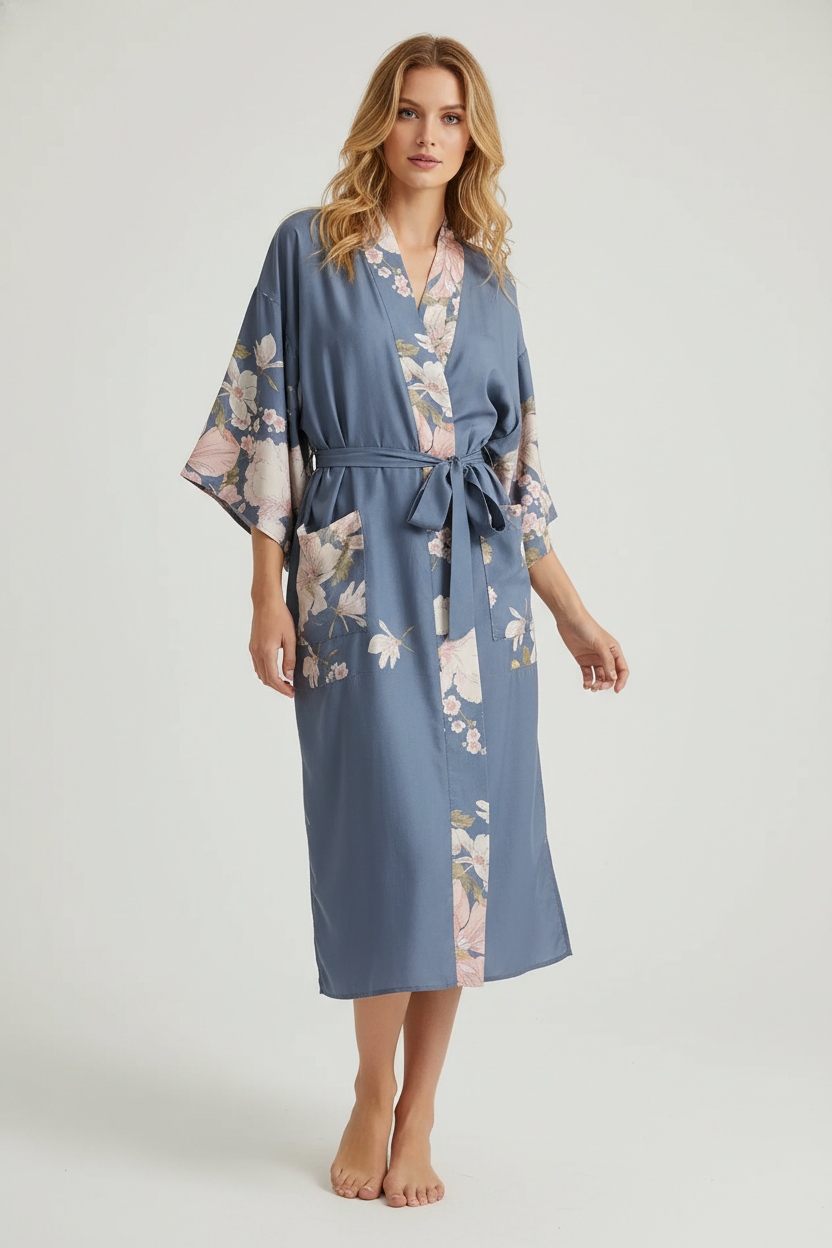 Robe de chambre kimono fleuri en satin bleu avec motif floral rose et blanc