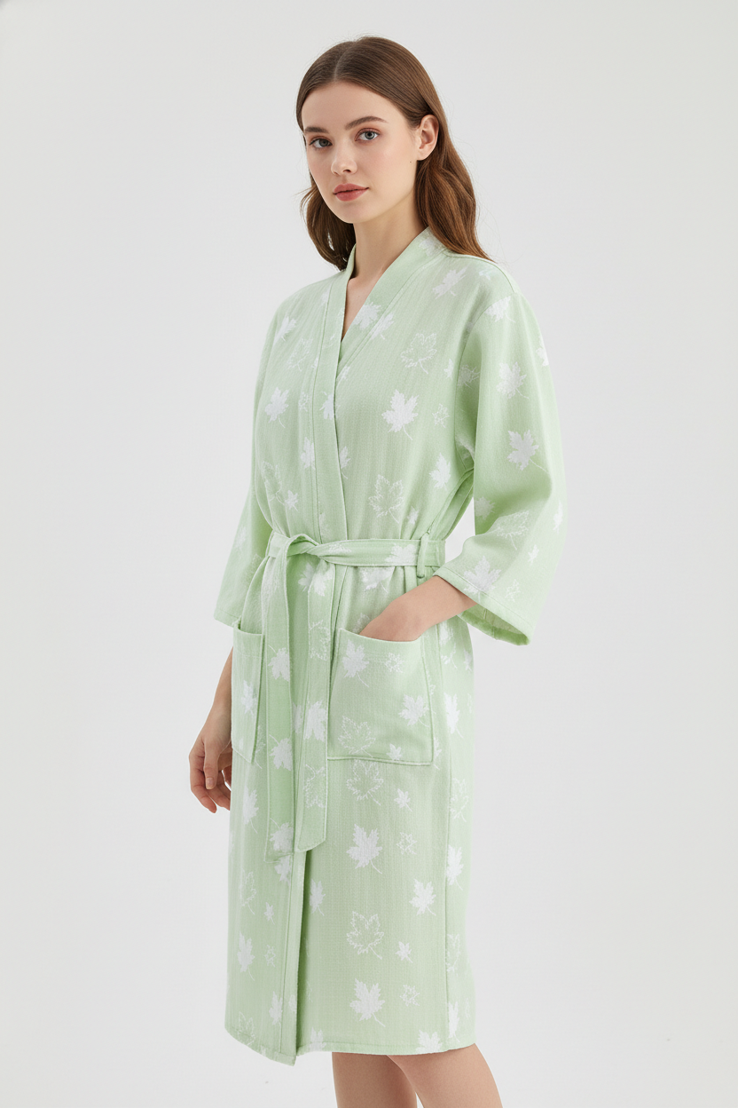 Robe de chambre légère vert menthe clair à motif feuille blanc, ceinture et poches