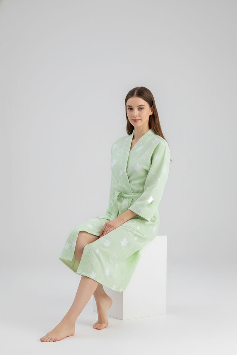 Robe de chambre légère vert menthe clair à motif blanc, ceinture assortie