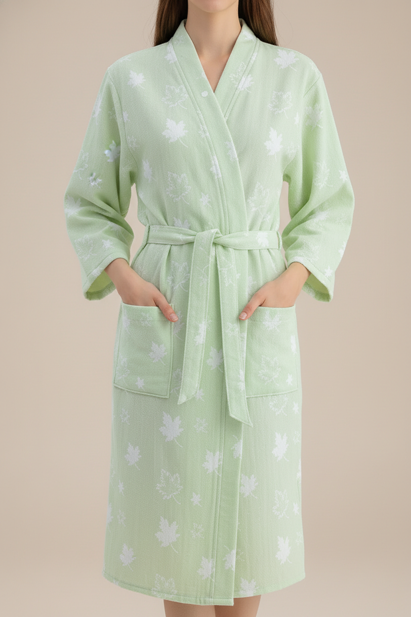 Robe de chambre légère vert clair à motifs feuilles blanches et ceinture assortie