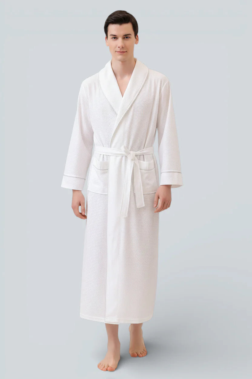 Robe de chambre légère homme Marbella en coton blanc à côtes, ceinture et poches