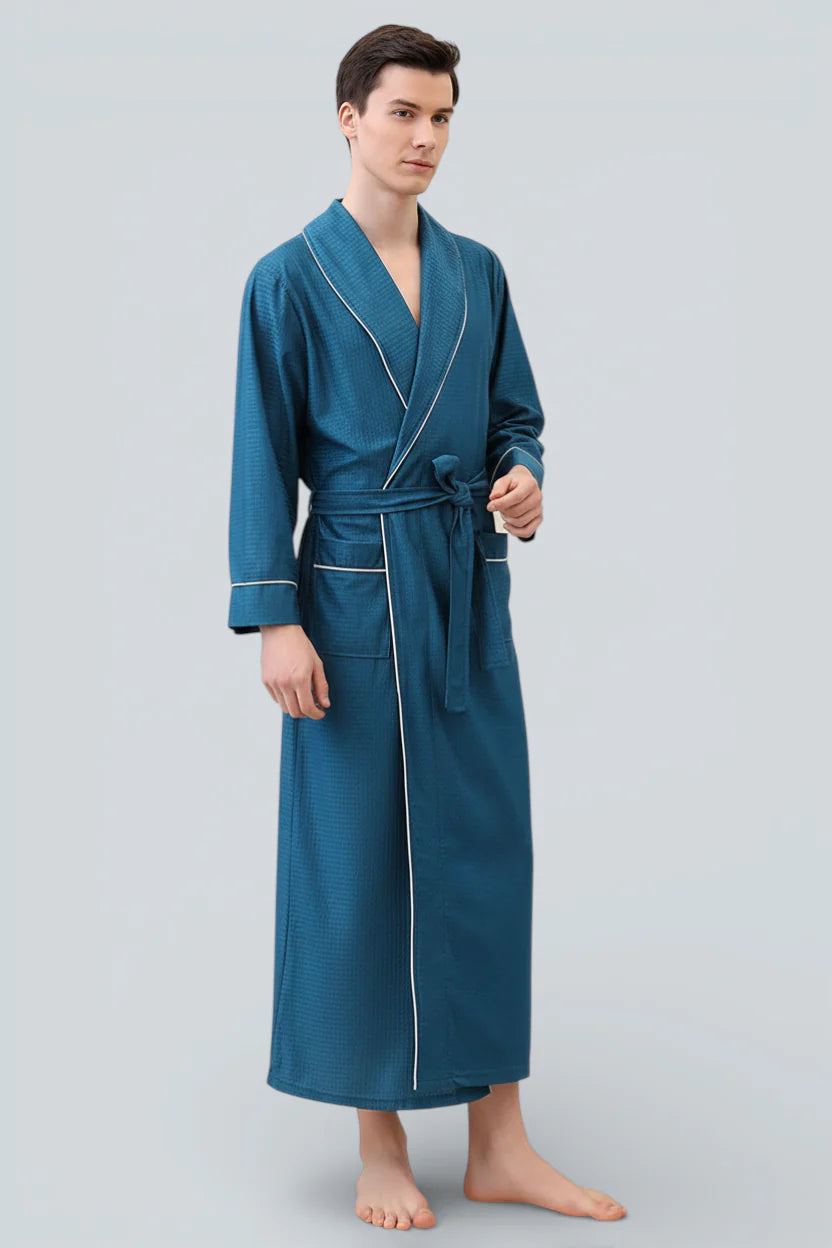 Robe de chambre légère homme Marbella en satin teal avec passepoil blanc