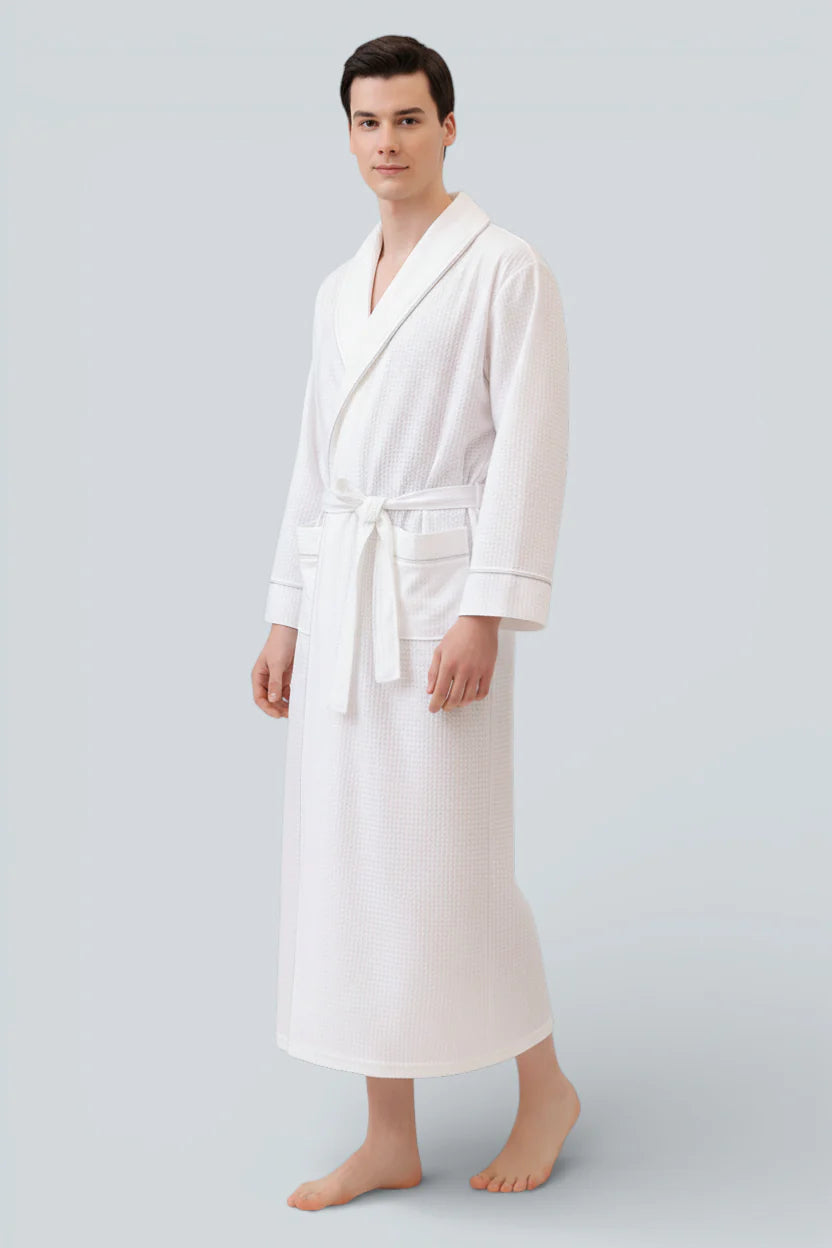 Robe de chambre légère homme Marbella en coton blanc moelleux à ceinture
