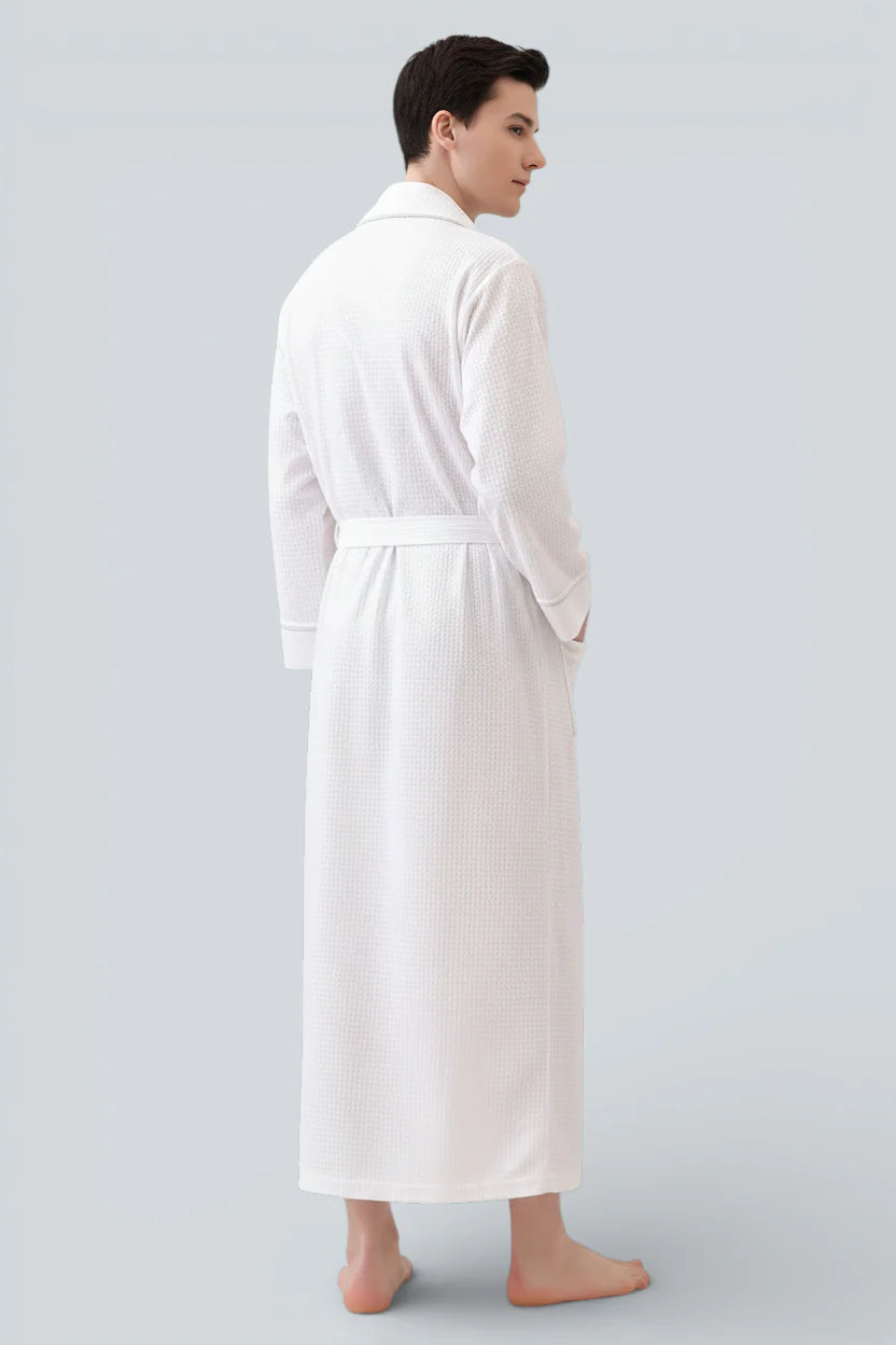 Robe de chambre légère homme Marbella en coton blanc à côtes avec ceinture assortie