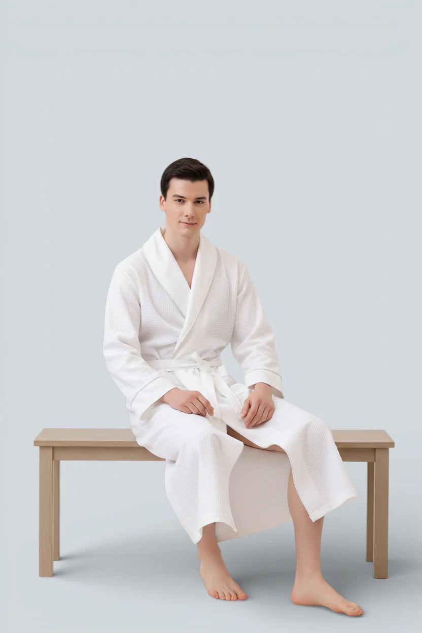 Robe de chambre légère homme Marbella en coton blanc à ceinture