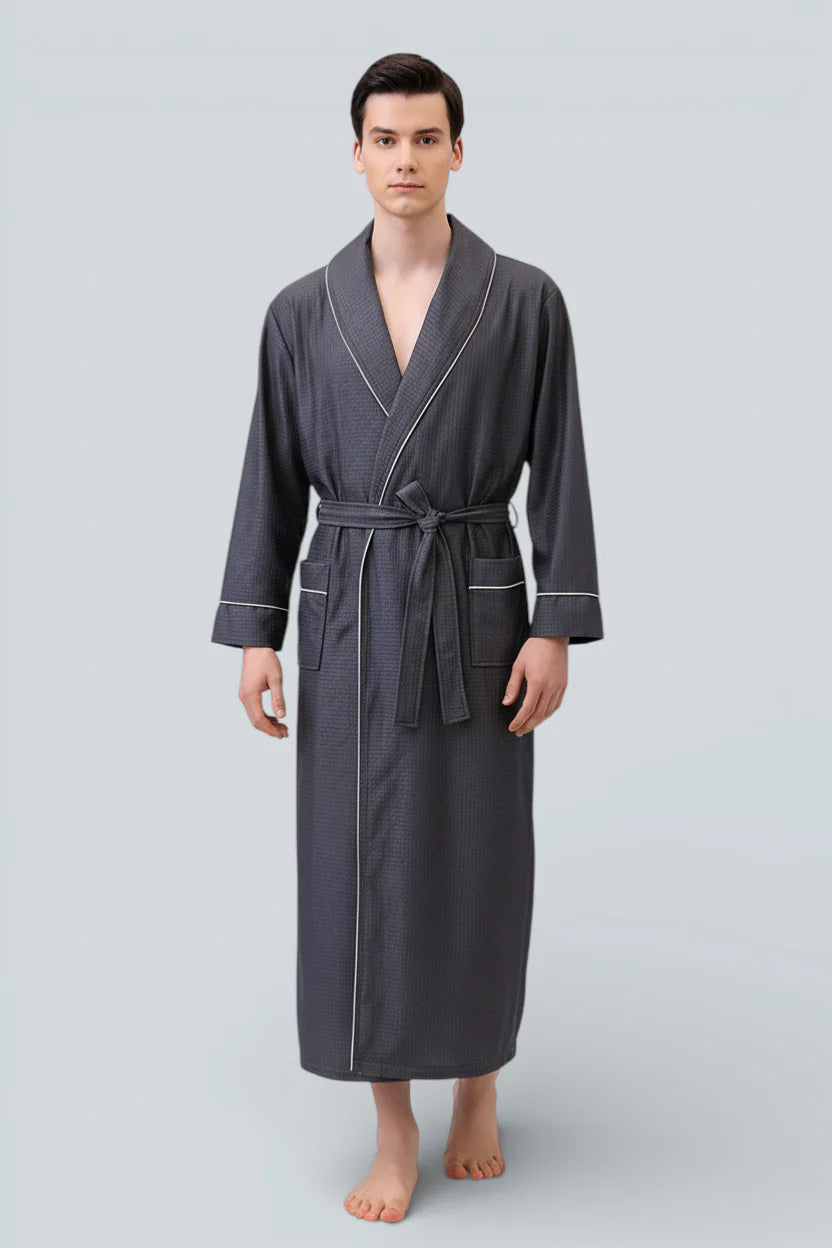 Robe de chambre légère homme Marbella gris anthracite texturé avec passepoil blanc