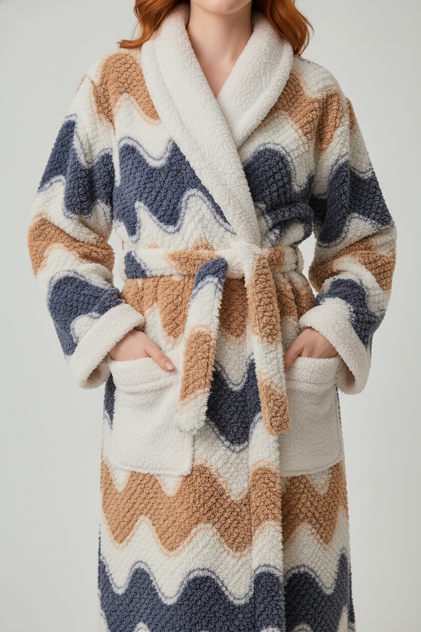 Robe de chambre longue chaude femme en tissu moelleux à motif zigzag crème, beige et bleu marine