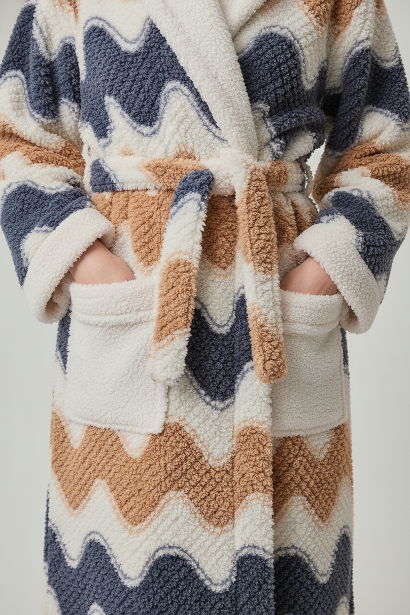 Robe de chambre longue chaude femme en tissu moelleux à motif zigzag crème marine beige