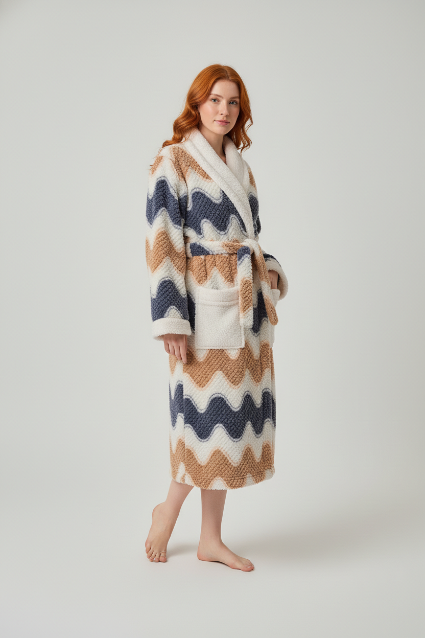 Robe de chambre longue chaude femme à motif zigzag bleu marine beige crème