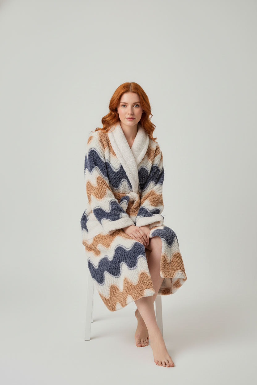 Robe de chambre longue chaude femme en tissu moelleux à motif zigzag crème marine beige