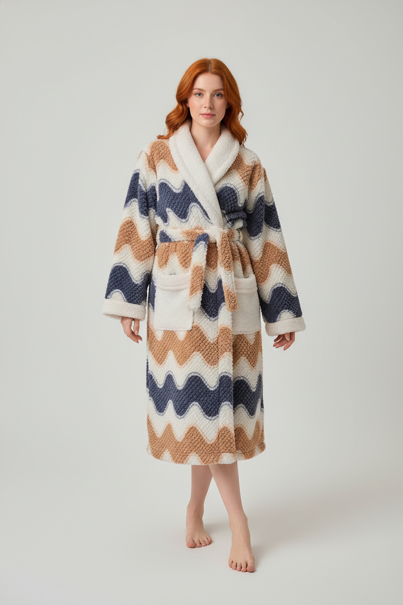 Robe de chambre longue chaude femme en tissu moelleux à motif zigzag crème marine beige