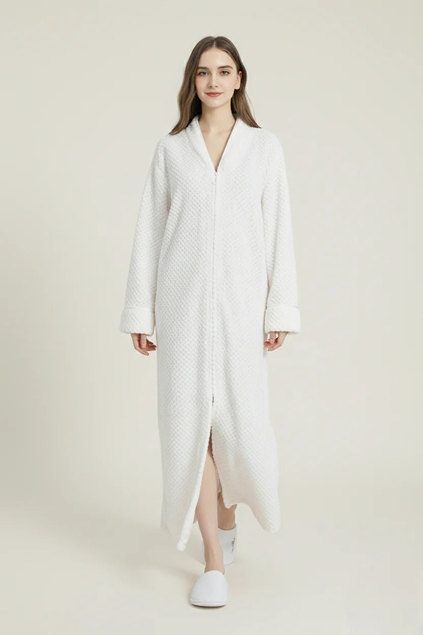 Robe de chambre longue chaude pour femme zippée blanche à manches longues quiltée