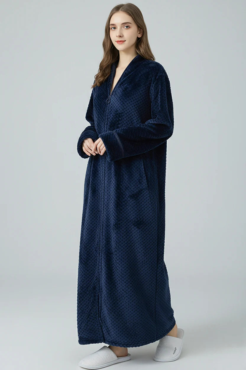 Robe de chambre longue chaude pour femme zippée bleu marine texturée