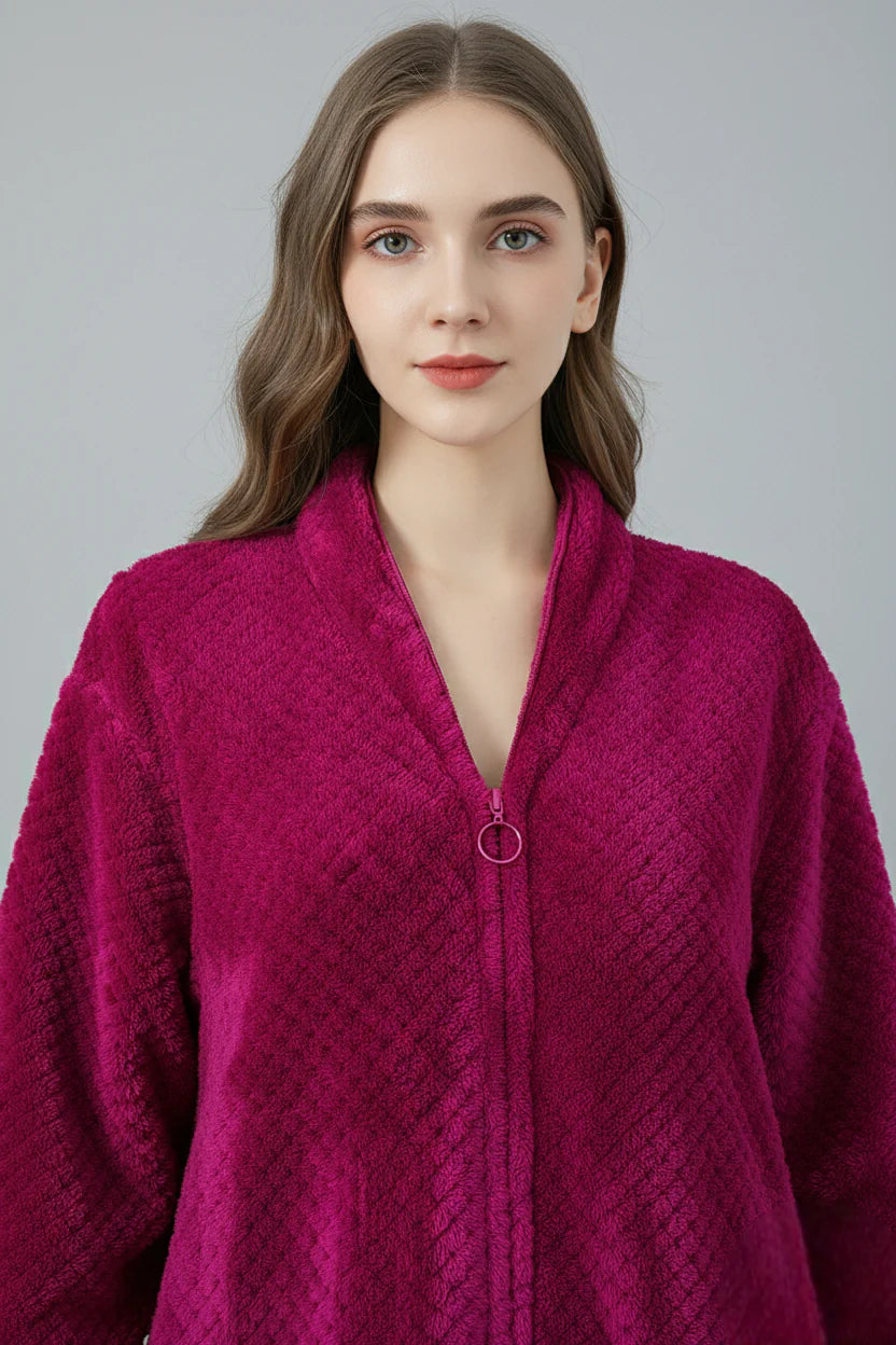 Robe de chambre longue chaude zippée femme magenta à motif diamant texturé