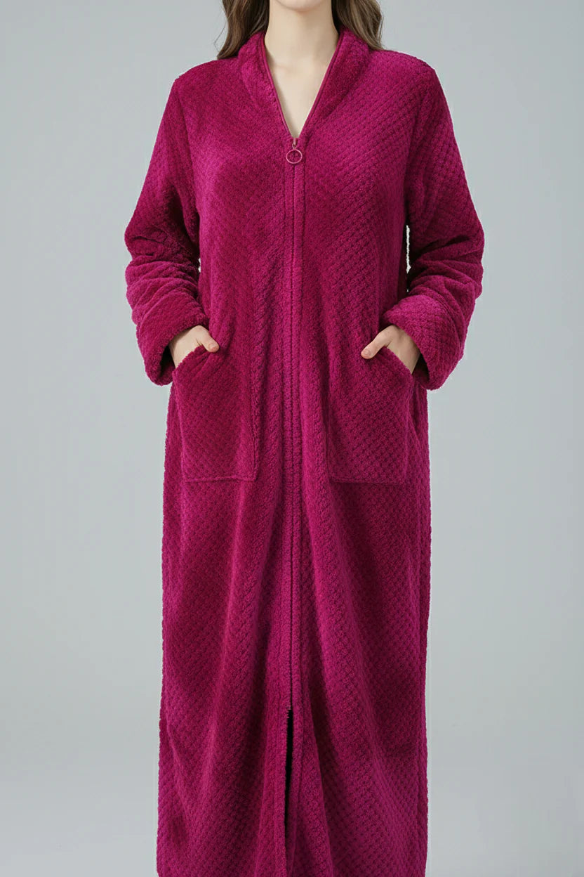 Robe de chambre longue chaude pour femme zippée magenta matelassée
