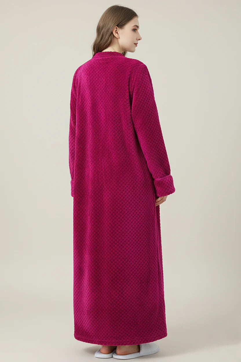 Robe de chambre longue chaude zippée magenta matelassée à manches longues