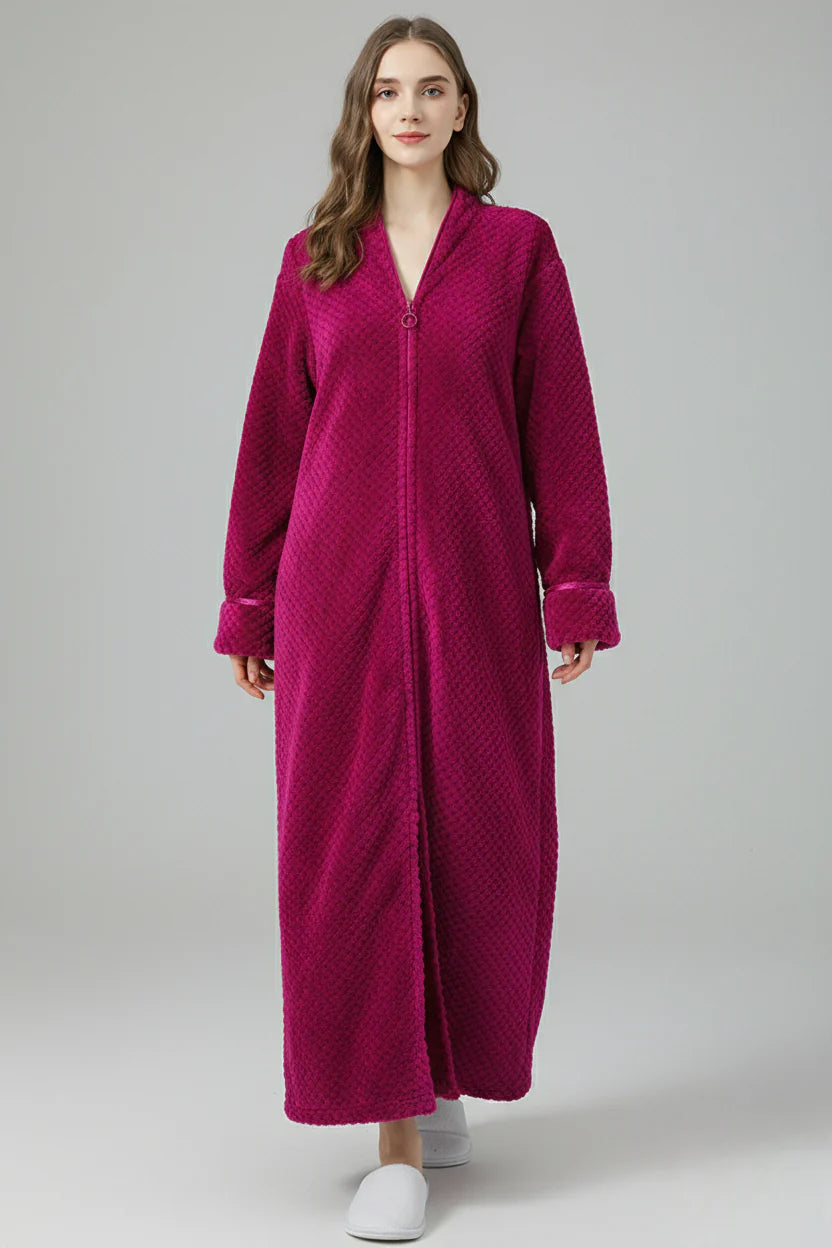 Robe de chambre longue chaude zippée femme magenta polaire texturée