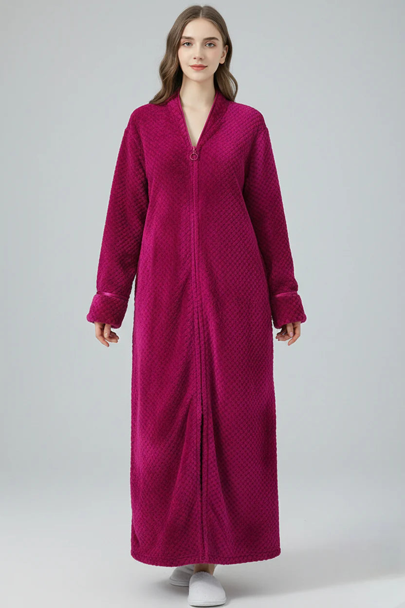 Robe de chambre longue chaude pour femme zippée magenta matelassée