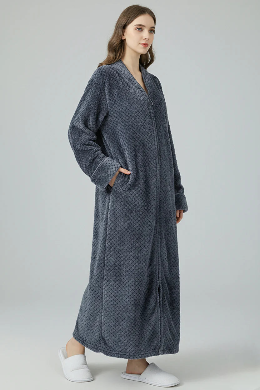 Robe de chambre longue chaude pour femme zippée gris foncé texturée