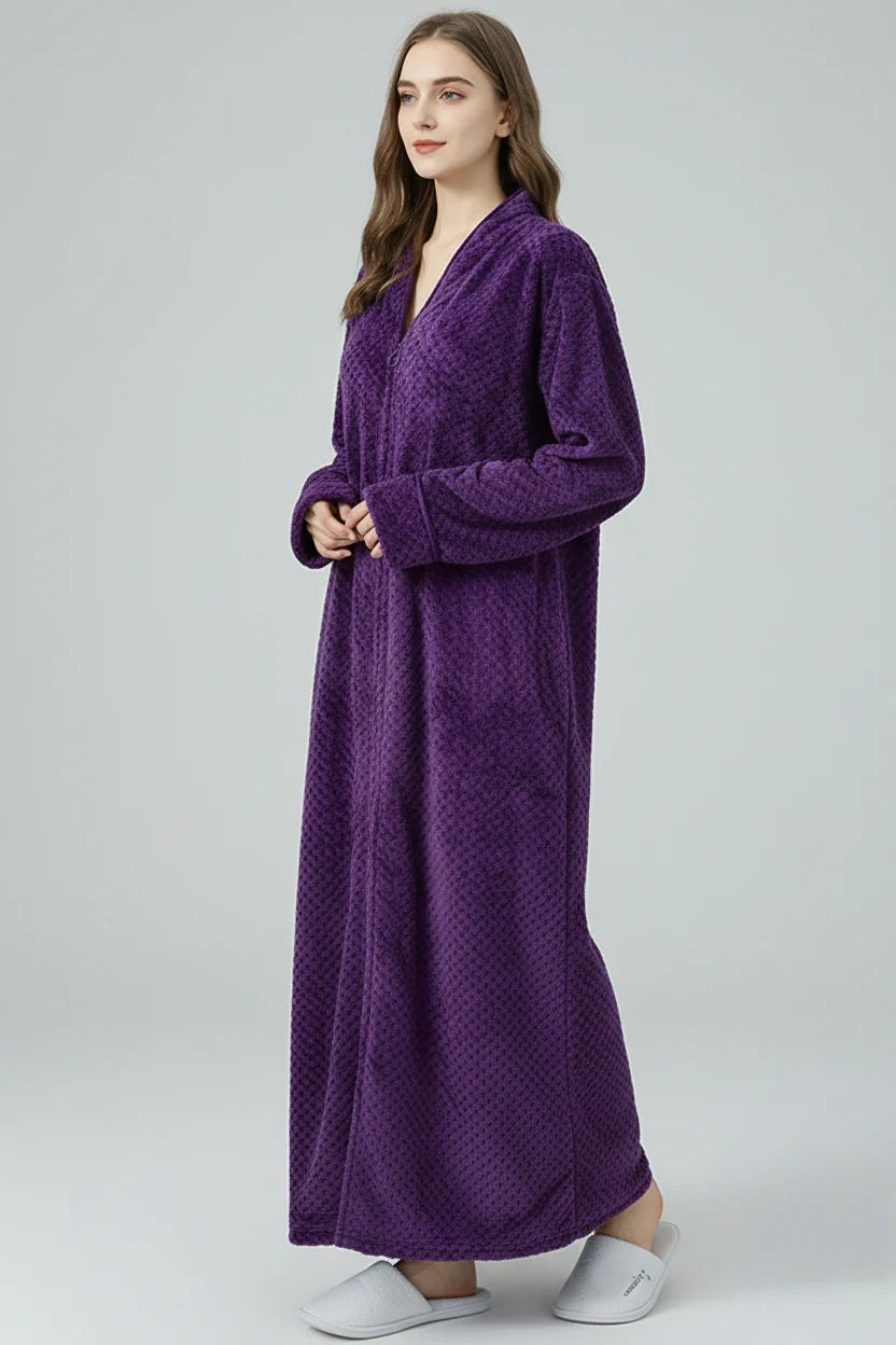 Robe de chambre longue chaude zippée femme violette texturée diamantée
