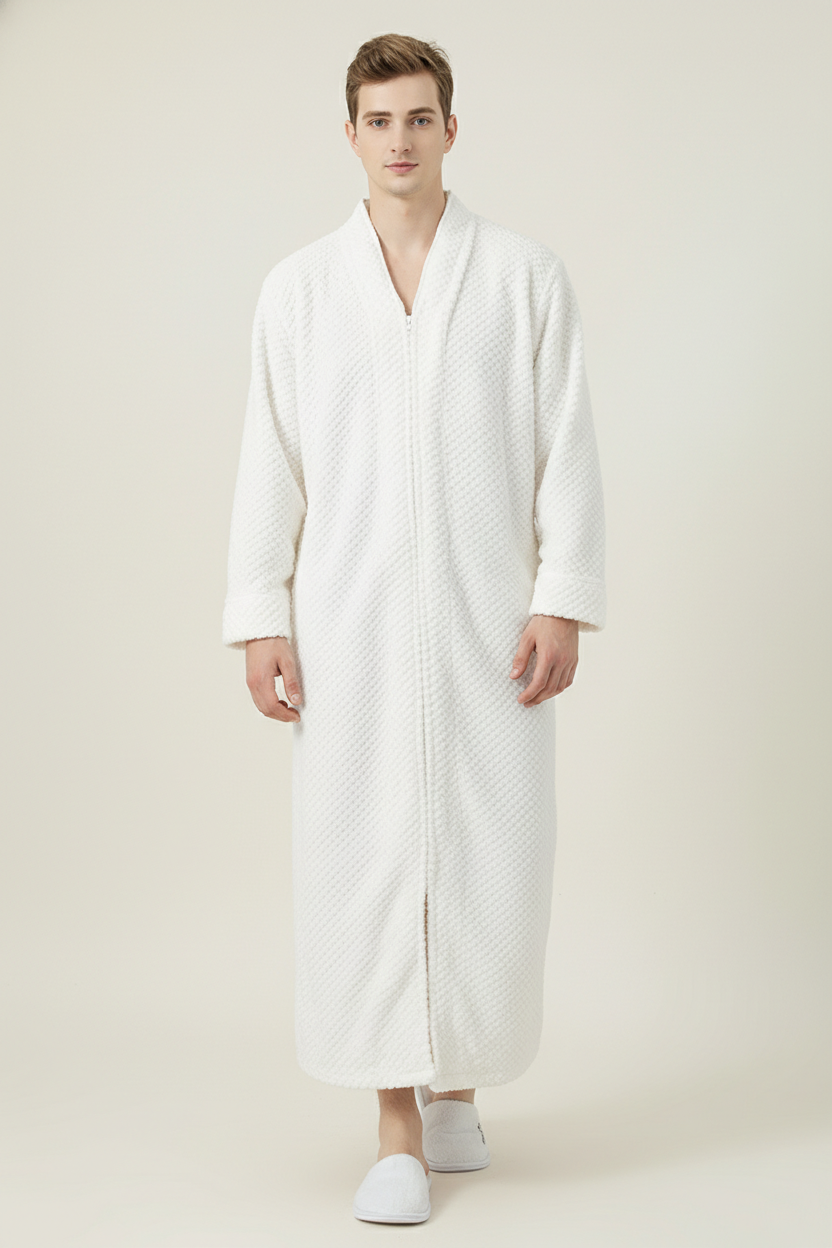 Robe de chambre longue zippée homme blanche à manches longues texturée matelassée