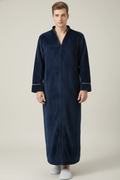 Robe de chambre longue zippée homme bleu marine à texture et bordure blanche