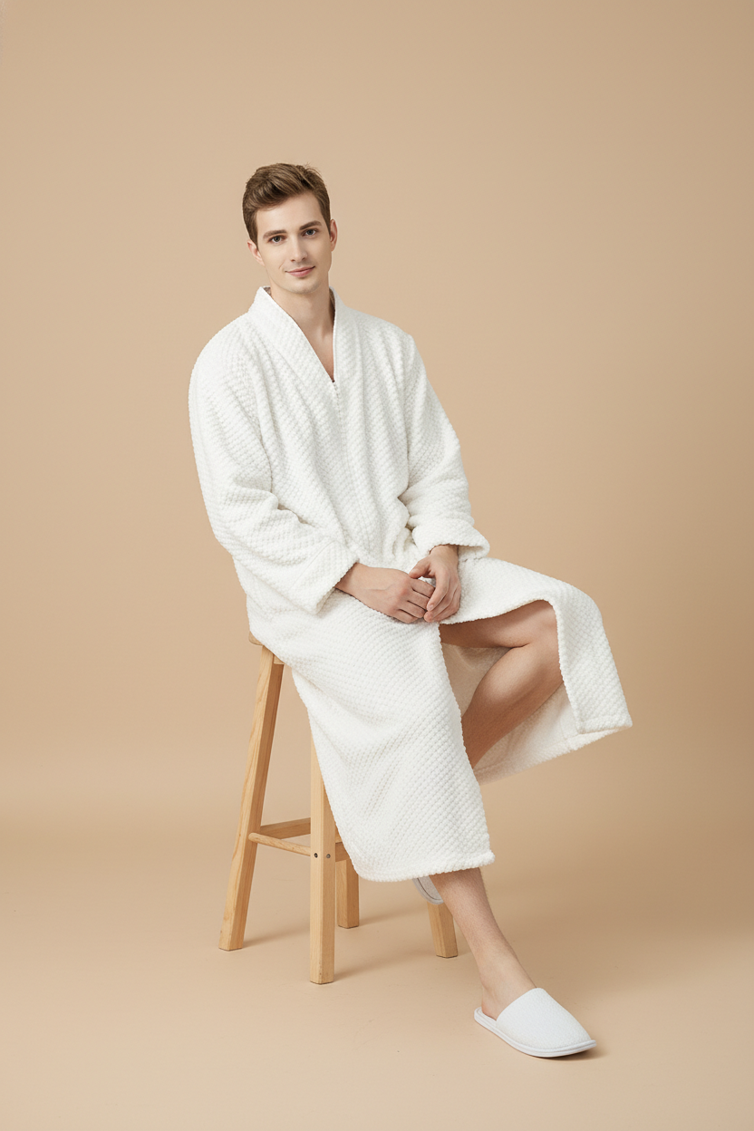Robe de chambre longue zippée homme blanche en plush à col V et manches longues