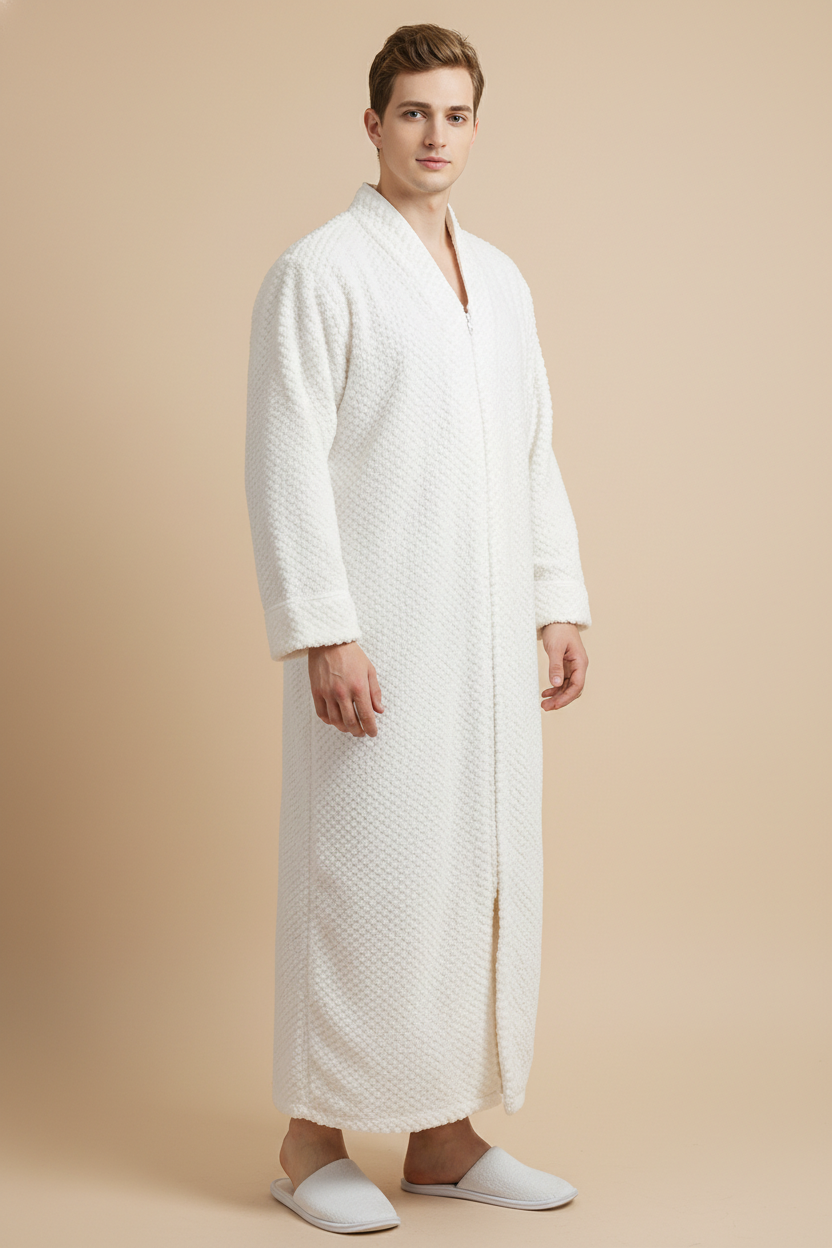 Robe de chambre longue zippée homme blanche matelassée à manches longues