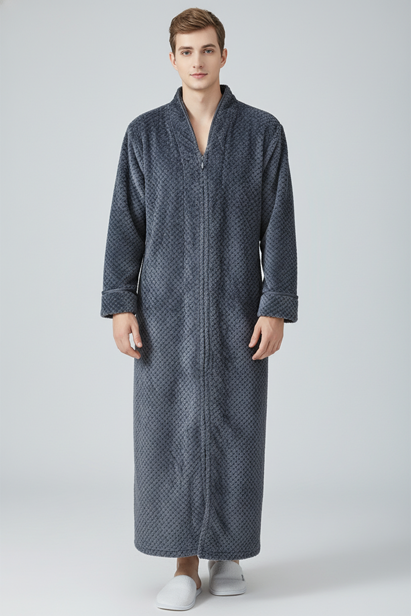 Robe de chambre longue zippée homme grise foncée à motif géométrique moelleux
