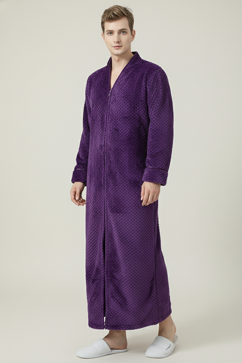 Robe de chambre longue zippée homme prune matelassée à manches longues