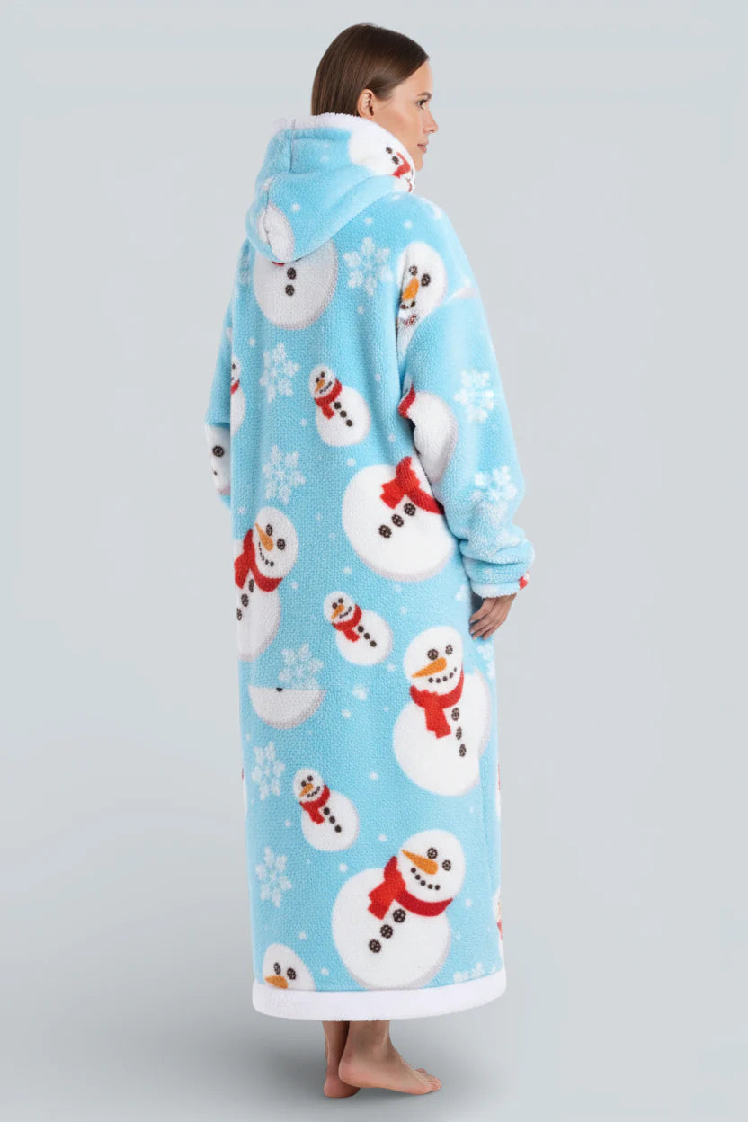 Robe de chambre bleu clair plush motif bonhomme de neige et flocons, capuche polaire