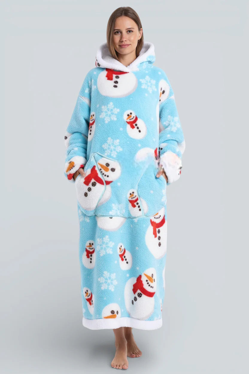 Robe de chambre bleu clair motif bonhomme de neige en peluche avec écharpe rouge